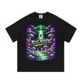 Black t-shirt with a colorful graphic design featuring mushrooms, an UFO, and the word 'Jocarde' on a white background.