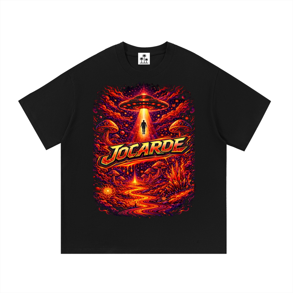 Black t-shirt with a red colorful graphic design featuring 'Jocarde' and a UFO on a white background.