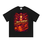Black t-shirt with a red colorful graphic design featuring 'Jocarde' and a UFO on a white background.