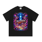 Black t-shirt with colorful 'Jocarde' design featuring mushrooms and a UFO on a white background