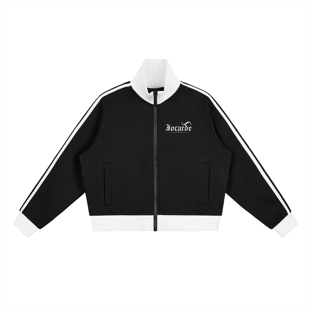 jocarde Black jacket with white accents and a brand logo on a white background