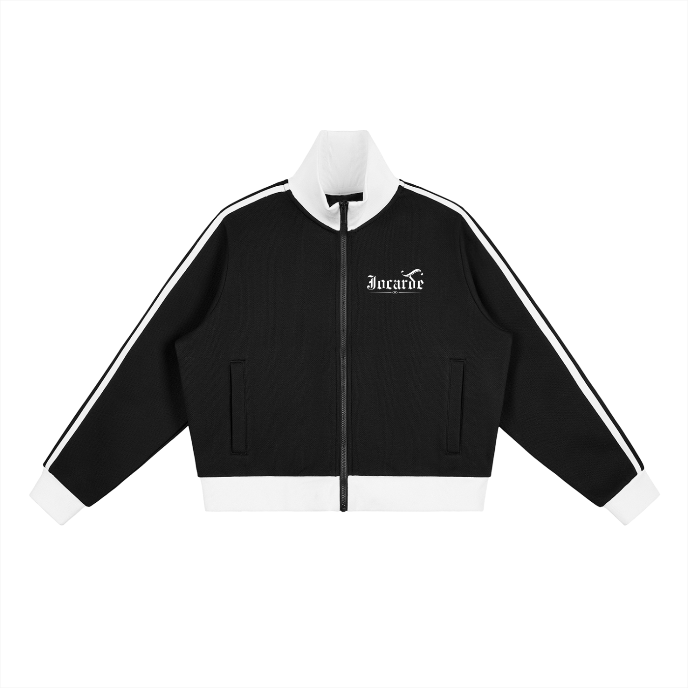 jocarde Black jacket with white accents and a brand logo on a white background
