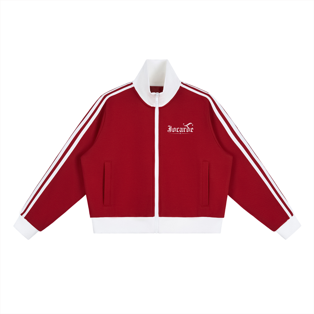Red  JOCARDE jacket with white stripes and a logo on a white background