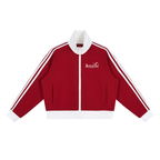 Red  JOCARDE jacket with white stripes and a logo on a white background