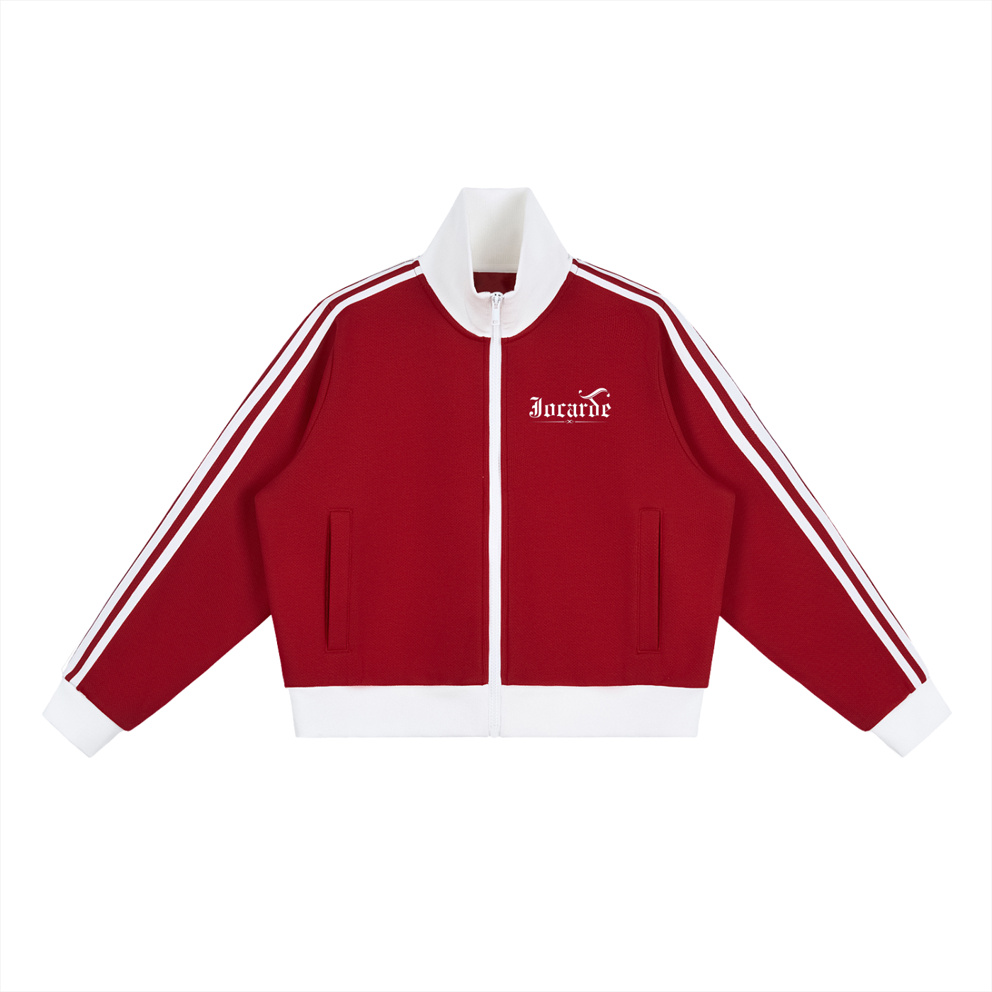 Red  JOCARDE jacket with white stripes and a logo on a white background