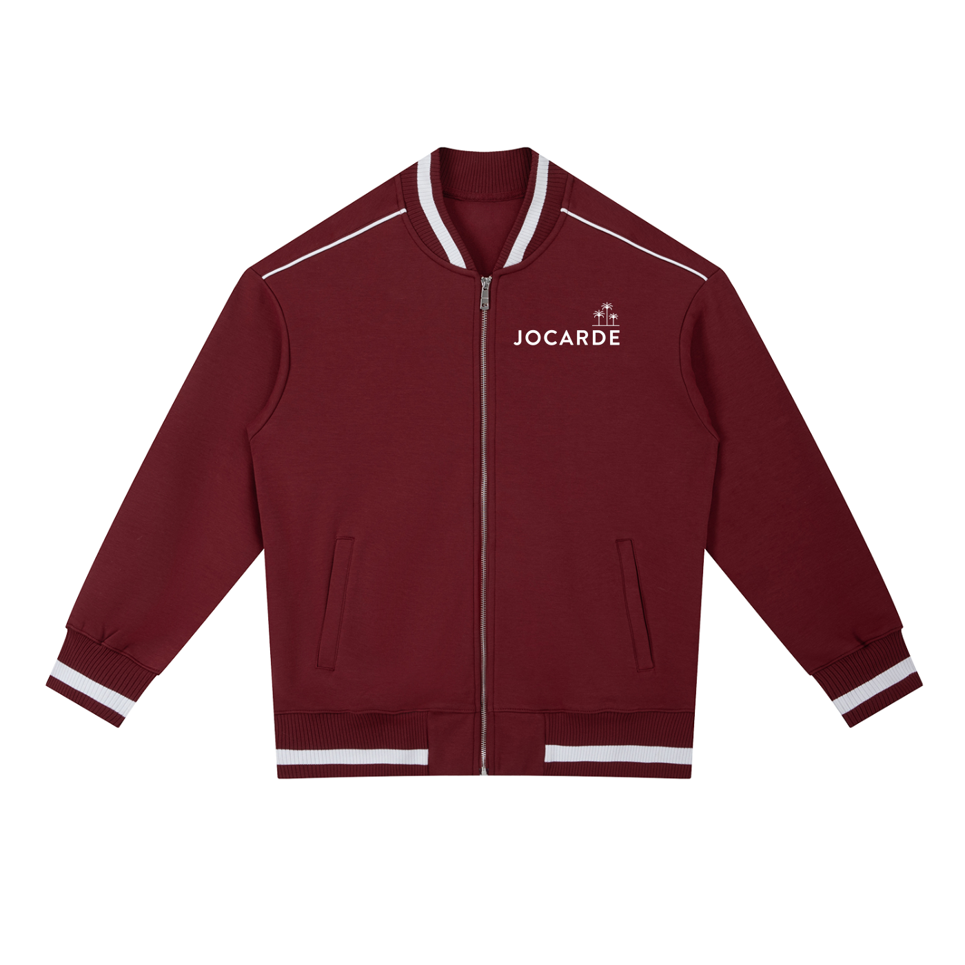 Maroon jacket with white accents and 'JOCARDE' branding on a white background