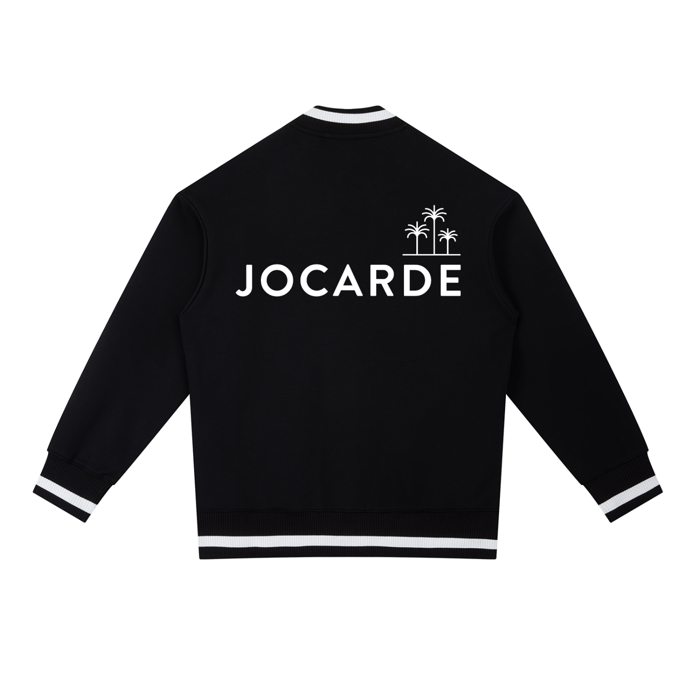 Black jacket with 'JOCARDE' branding on the back against a white background
