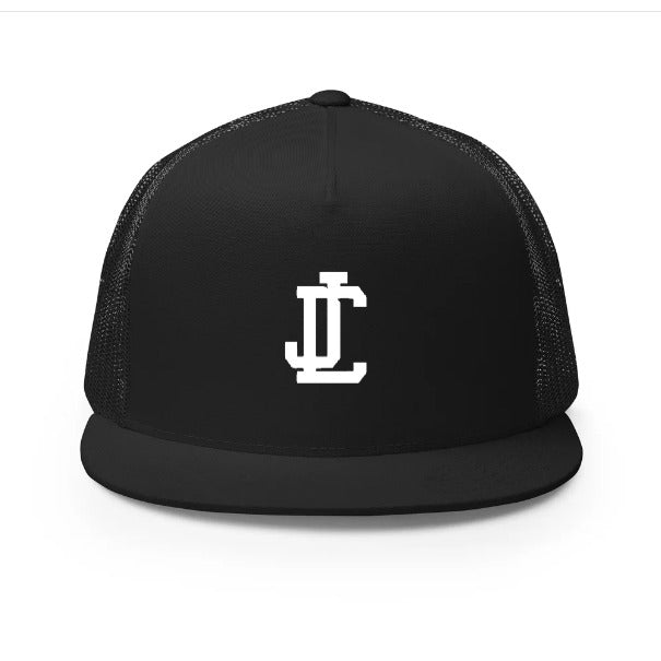 Black and white jocarde monogram cap with a logo on a white 