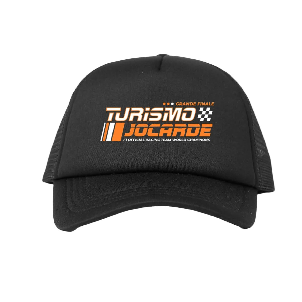 Black cap with orange and white text on a white background