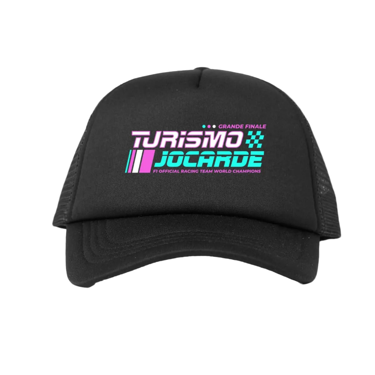 Black cap with colorful text and logo on a white background