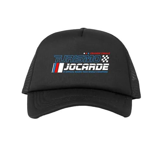 Black ,red and white jocarde Turismo cap with a logo on a white 