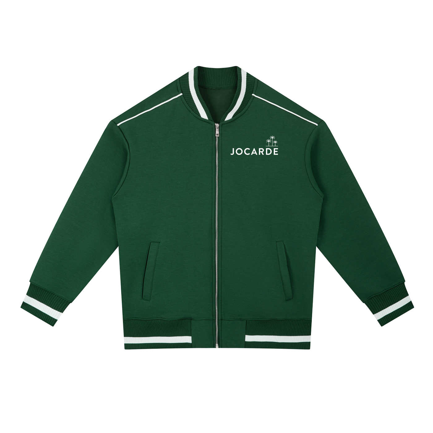 Green jacket with white accents and 'JOCARDE' branding on a white background