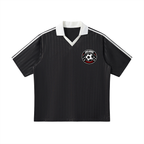 Black sports jersey with a logo on a white background