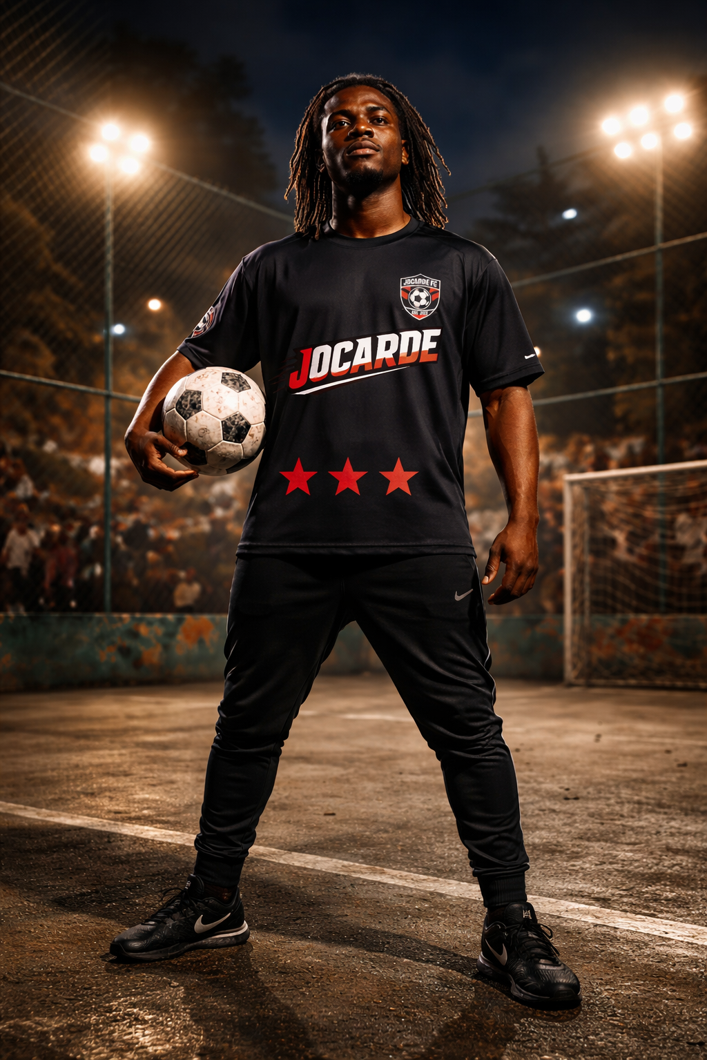 Person holding a soccer ball on an outdoor sports field at night wearing a Jocarde fc jersey.