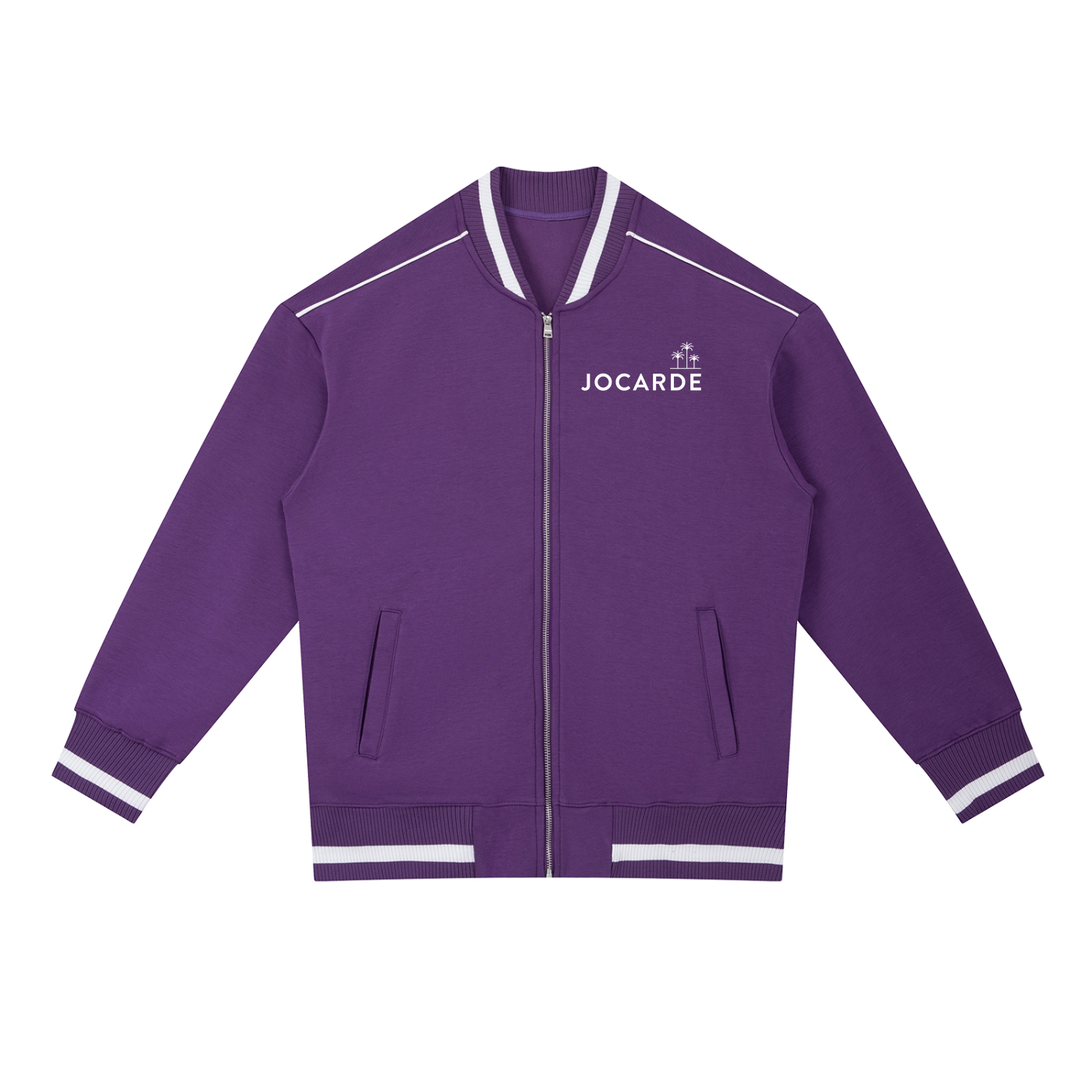 Purple jacket with white accents and 'JOCARDE' branding on a white background