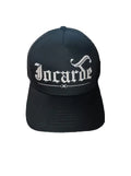 Black Jocarde cap with white text on a black background