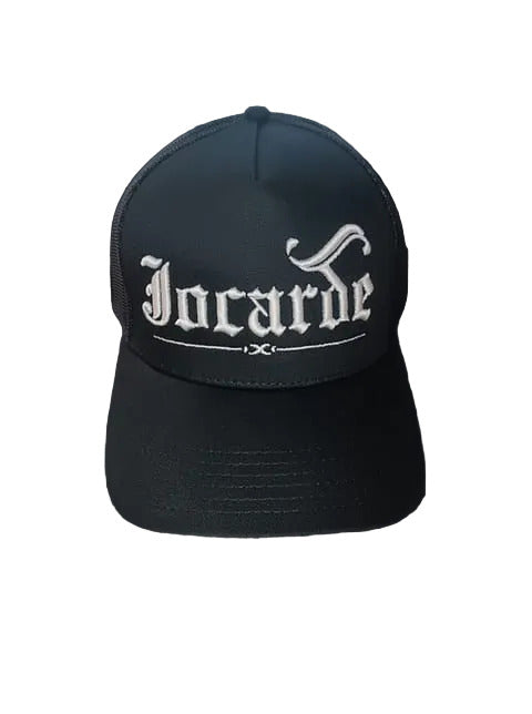 Black Jocarde cap with white text on a black background