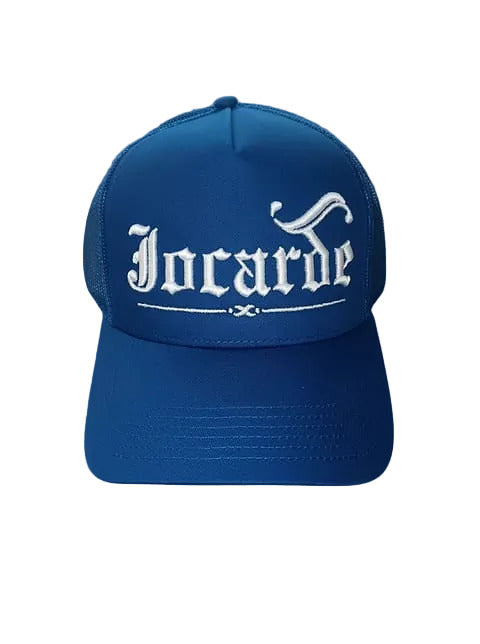 jocade blue hat with white text