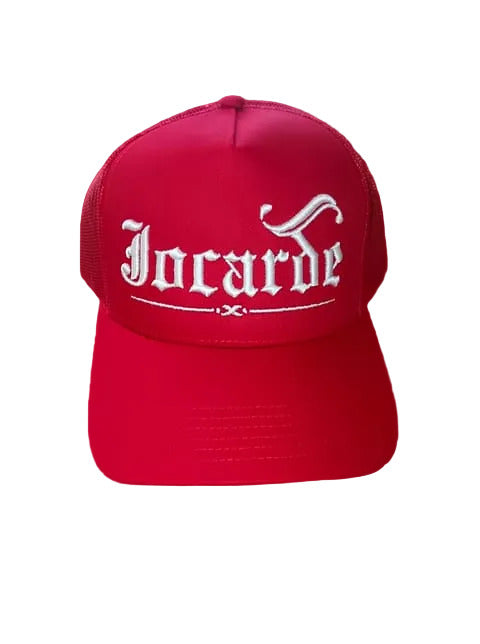Red cap with 'Jocarde' logo on a red background