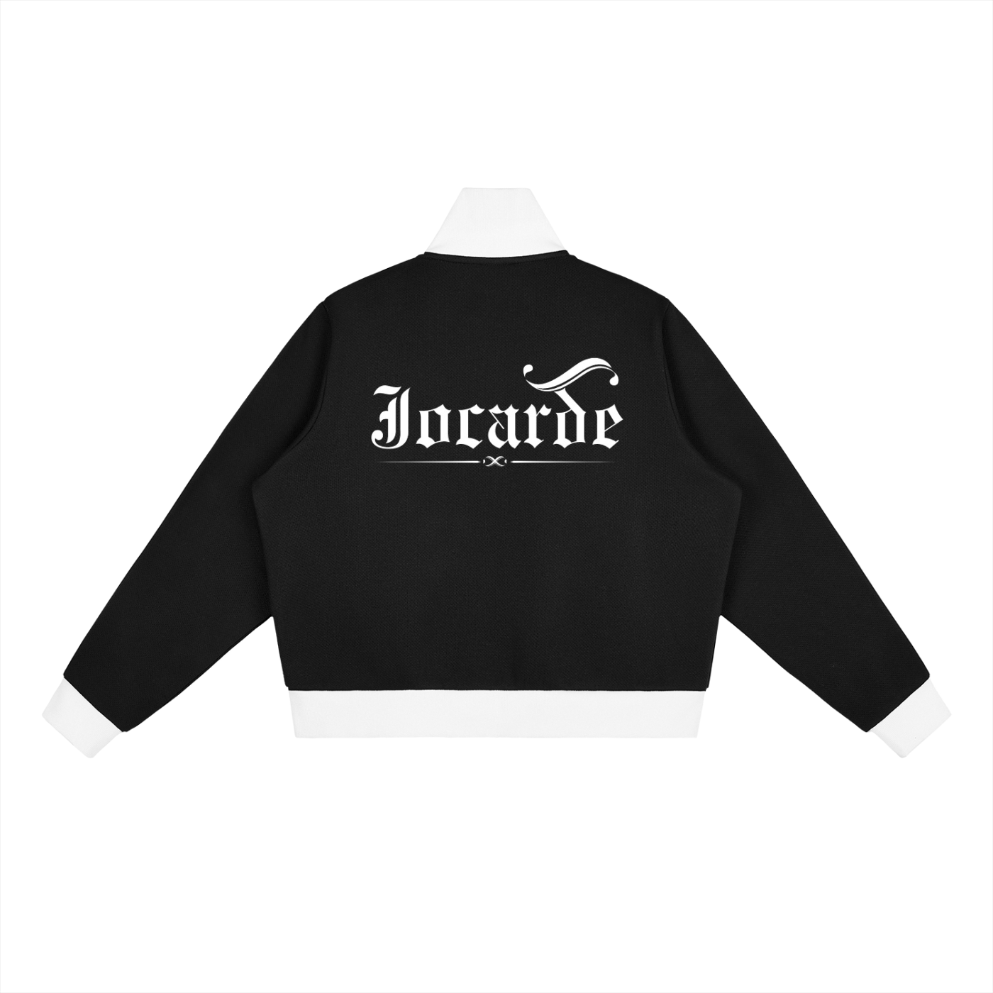 jocarde Black sweatshirt with white text on the back on a white background