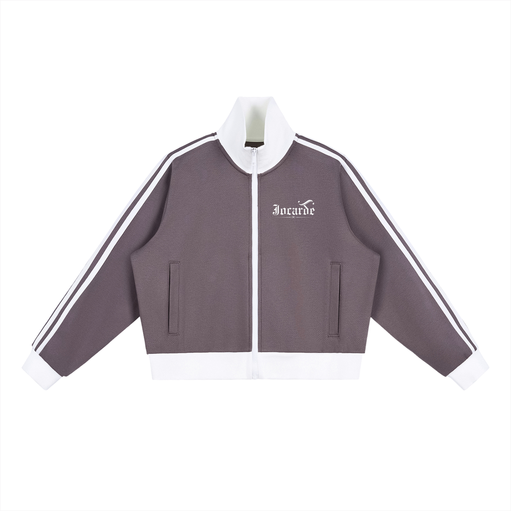 jocarde Gray tracksuit jacket with white accents on a hanger against a white background