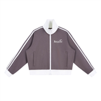 jocarde Gray tracksuit jacket with white accents on a hanger against a white background