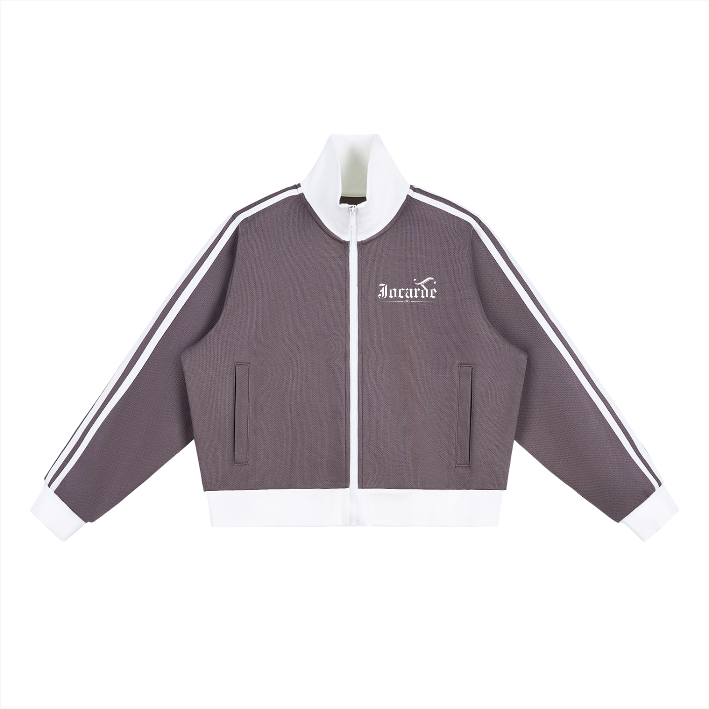 jocarde Gray tracksuit jacket with white accents on a hanger against a white background