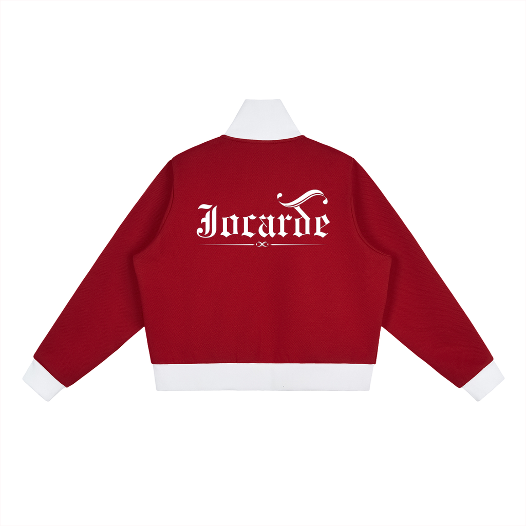 Red jacket with white text on the back against a white background