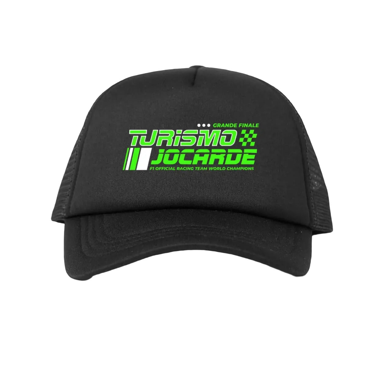 Black cap with green text on a white background