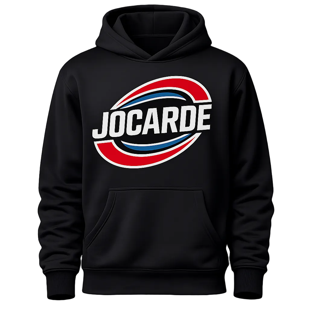 Black hoodie with 'JOCARDE' logo on a white background