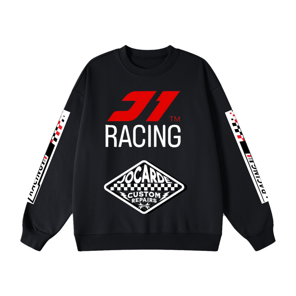 Black sweatshirt with red and white graphics on a white background