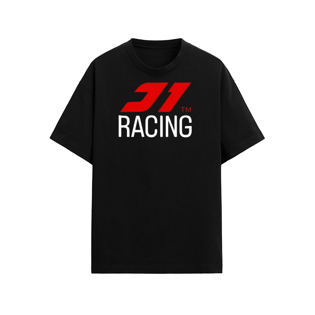 Black t-shirt with red and white 'Racing' logo on a white background