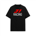 Black t-shirt with red and white 'Racing' logo on a white background
