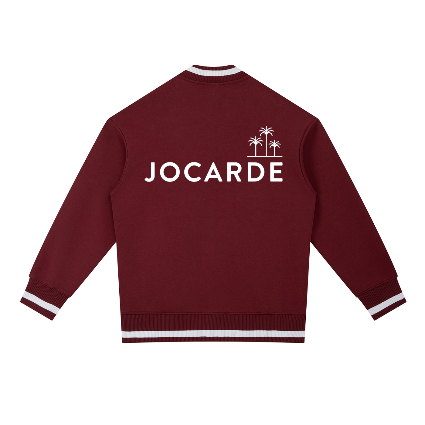 Maroon sweatshirt with 'JOCARDE' branding on the back against a white background