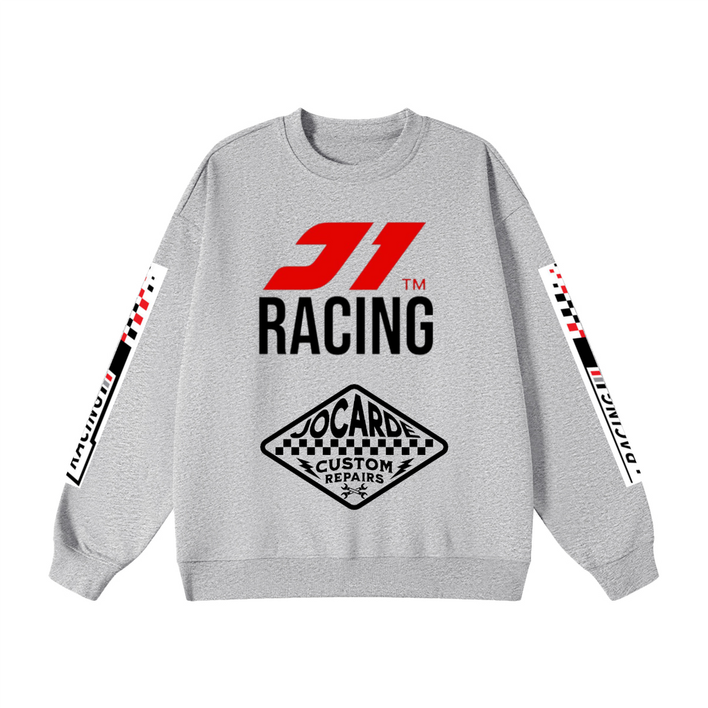 Grey sweatshirt with racing-themed design on a white background