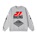 Grey sweatshirt with racing-themed design on a white background
