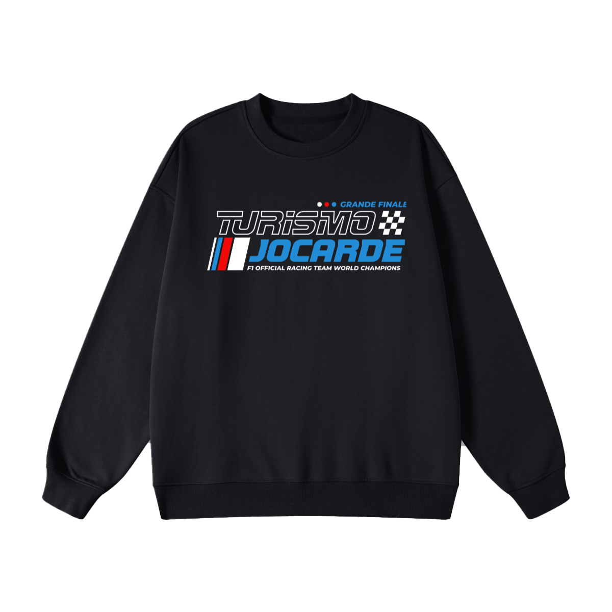 Black sweatshirt with 'Turismo Jacarde' logo on a white background