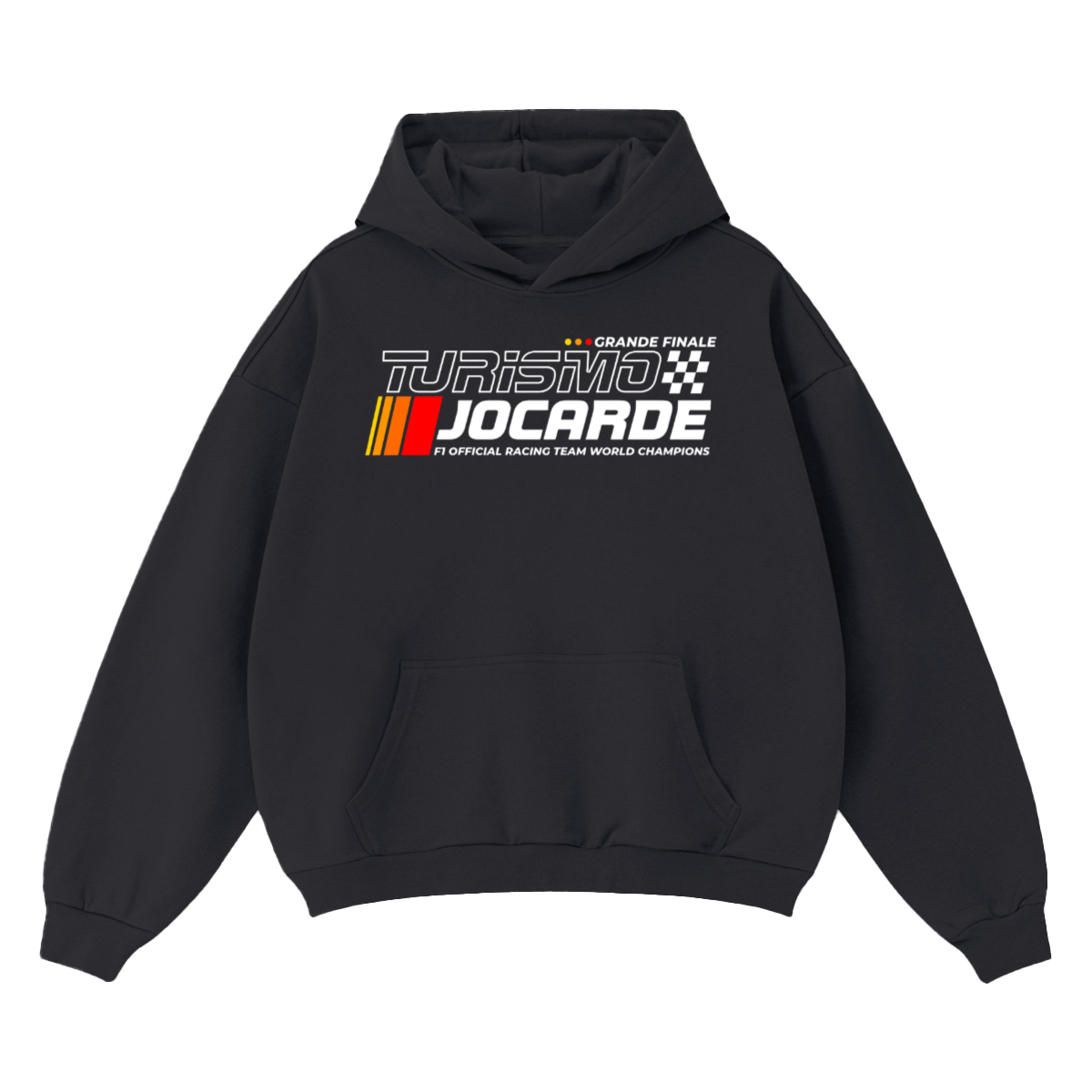 Black hoodie with 'Turismo Jocarde' logo on a white background