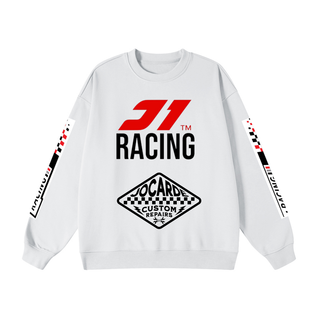 White sweatshirt with J1 Racing logo and text on a white background