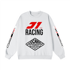 White sweatshirt with J1 Racing logo and text on a white background