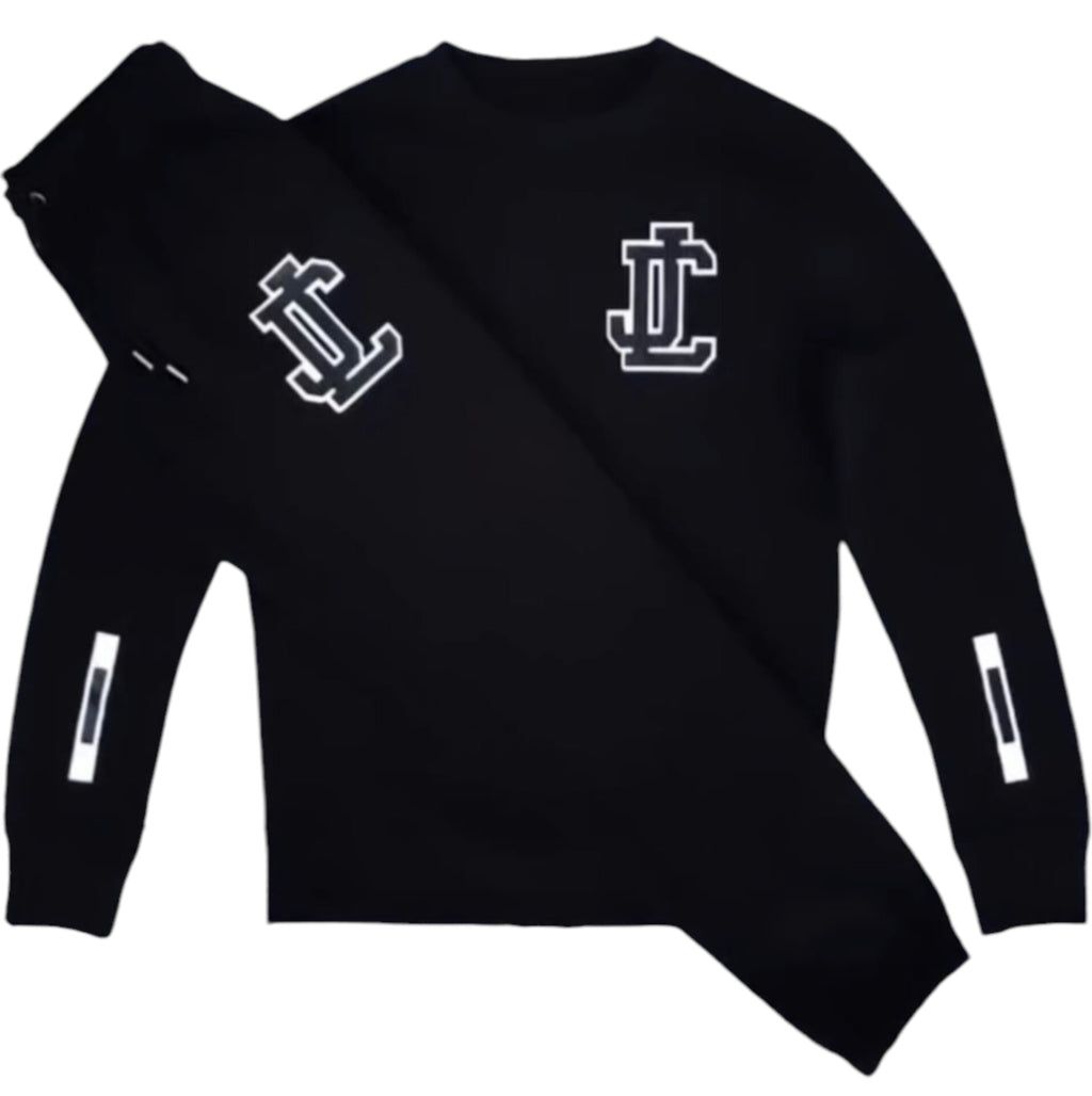Black long-sleeve shirt with white logo on a white background