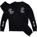 Black long-sleeve shirt with white logo on a white background