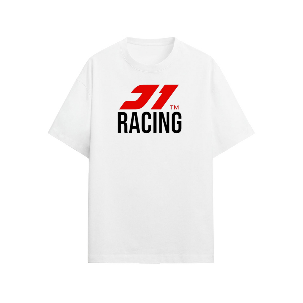White t-shirt with a red and black logo on a white background